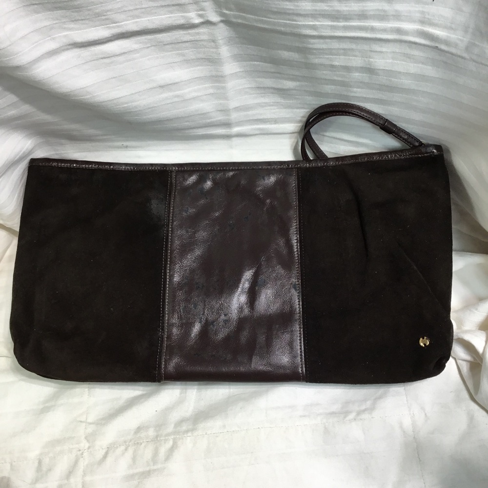 Halston clutch purse, leather & suede, 14”x 7.5”x 1.5”
